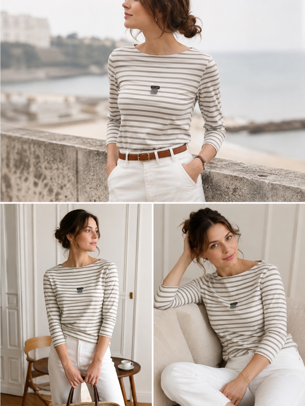 Saint James French Breton Stripe Boatneck Top XS Taupe Ivory 3/4 Sleeve Coastal